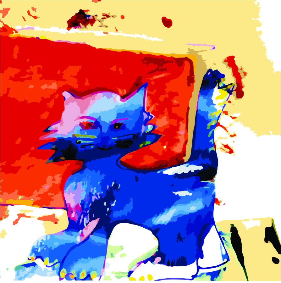 splashy azure blue cat in art studio with bright colors