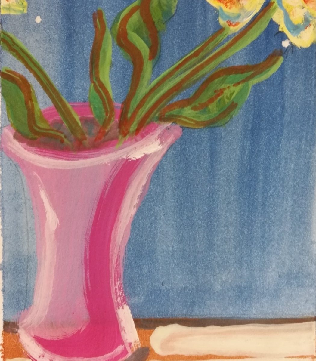 three yellow white blue flowers in a pink vase awkwardly compressed by the hard edges of the paper