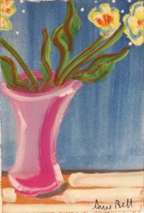 three yellow white blue flowers in a pink vase awkwardly compressed by the hard edges of the paper